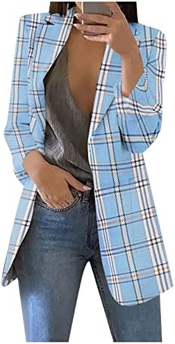 DASEIS Női Plus Size Kockás Blézer Kabát Nyissa ki az Elülső Hosszú Ujjú Alkalmi Munka Kardigán Kabát