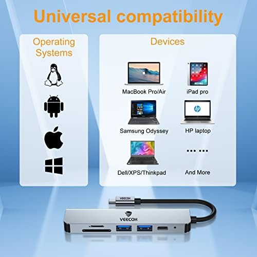VEECOH USB-C Hub a MacBook Air/Pro,6 az 1-ben Többportos Adapter,USB Dongle C-4K HDMI USB 3.0, USB 2.0,