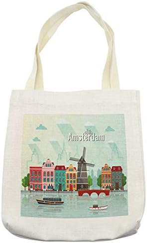 Ambesonne Amszterdam bevásárló Táska, Régi Európai Városkép, Színes Házak a Vízparti Híd Szélmalom, Szövet