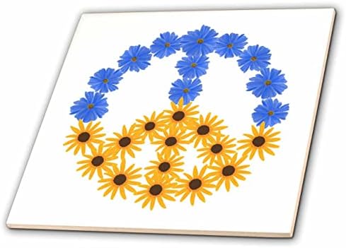 3dRose Béke jele kék kozmosz virágok a felső, sárga napraforgók alsó - Csempe (ct_358372_7)