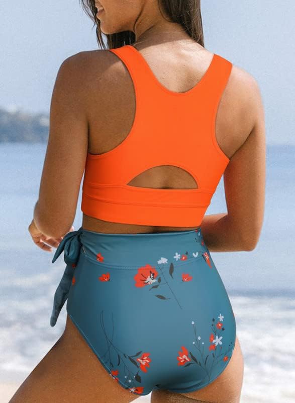 Dokotoo Női Scoop Nyak Racerback Magas Derekú Bikini Szett Két Darab Virágos Fürdőruha Nyomtatás Has Ellenőrzési