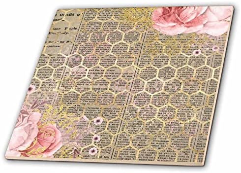 3dRose Újságpapír, illetve Kép, Arany Honeycomb Rózsaszín Virágos Kollázs - Csempe (ct_357469_1)