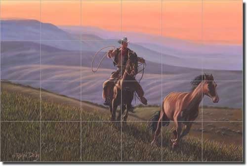 Napnyugta Lovas által Ralph Delby - Cowboy Ló Kerámia Freskó 17 x 25.5 Konyha, Zuhanyzó Csempével