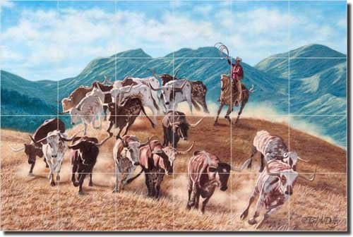 Longhorns által Ralph Delby - Cowboy Kormányozza Kerámia Freskó 17 x 25.5 Konyha Fürdőszoba Csempével