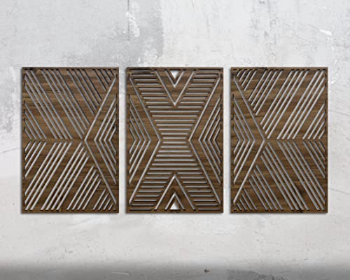Geometriai minták fa wall art dekor, 3 darab fa fali dekor, Extra nagy, fából készült fal művészet