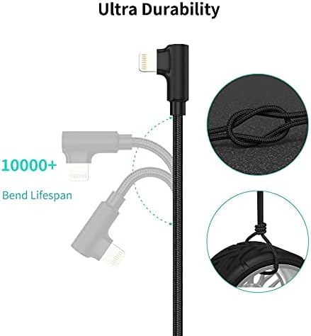 6.6 ft derékszögű Lightning Kábel Hosszú, 3 Csomag Fonott Gyors Töltés USB-iPhone Töltő Kábel 90 Fokos